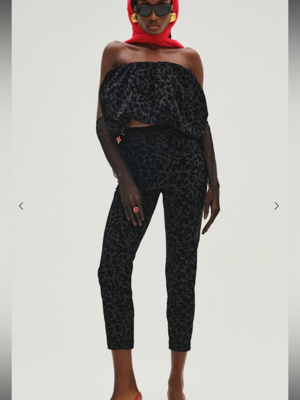 NWT For love and lemons Black Floral Velvet bubble top and matching pants set